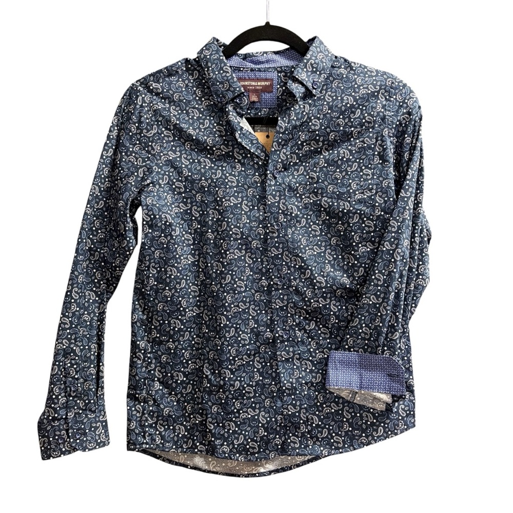 Boys Johnston & Murphy Paisley Navy Print Sz 12-14 100% Cotton Button-Down NWT